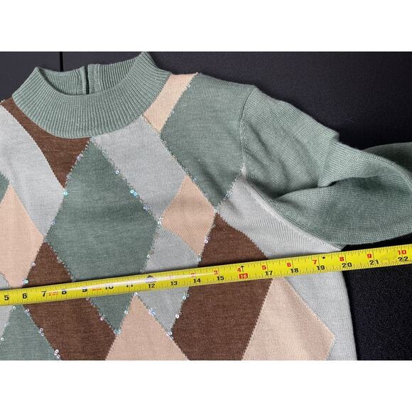 VTG Alfred Dunner Women's Wool Geometric Sequin Artzy Funnel Sweater Green PL - Picture 10 of 10